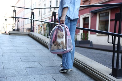 Photo of Woman with her cute cat in backpack carrier on city street, closeup