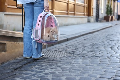 Photo of Woman with her cute cat in backpack carrier on city street, closeup. Space for text