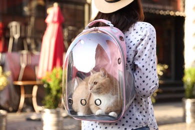 Photo of Woman with her cute cat in backpack carrier on city street, closeup