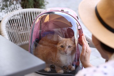 Photo of Woman with her cute cat in backpack carrier at cafe outdoors, closeup