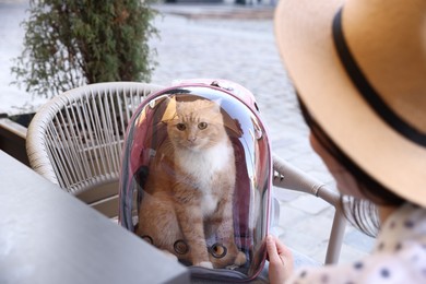 Photo of Woman with her cute cat in backpack carrier at cafe outdoors, closeup