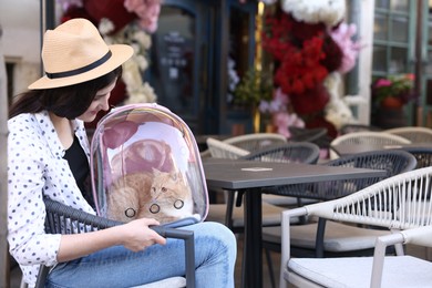 Photo of Woman with her cute cat in backpack carrier at cafe outdoors