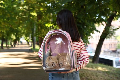 Photo of Woman with her cute cat in backpack carrier at park, back view