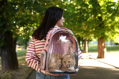 Photo of Woman with her cute cat in backpack carrier at park, back view