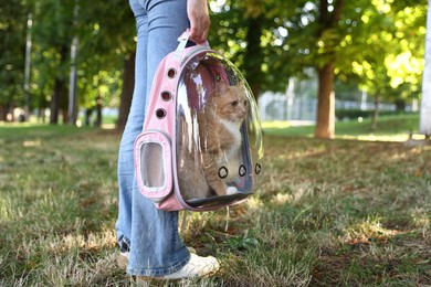 Photo of Woman with her cute cat in backpack carrier at park, closeup