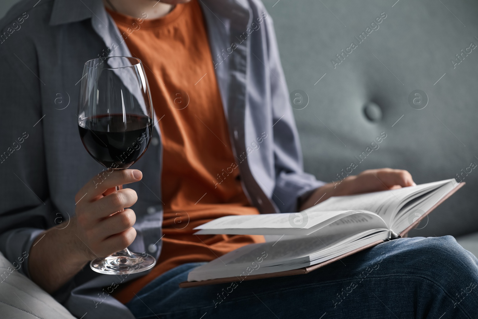 Woman with glass of wine reading book on sofa at home, closeup Photo of Woman with glass of wine reading book on sofa at home, closeup