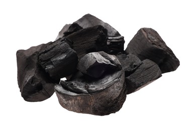 Photo of Pieces of black coals isolated on white