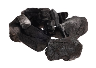 Photo of Pieces of black coals isolated on white