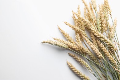 Photo of Many wheat spikes on white background, flat lay. Space for text