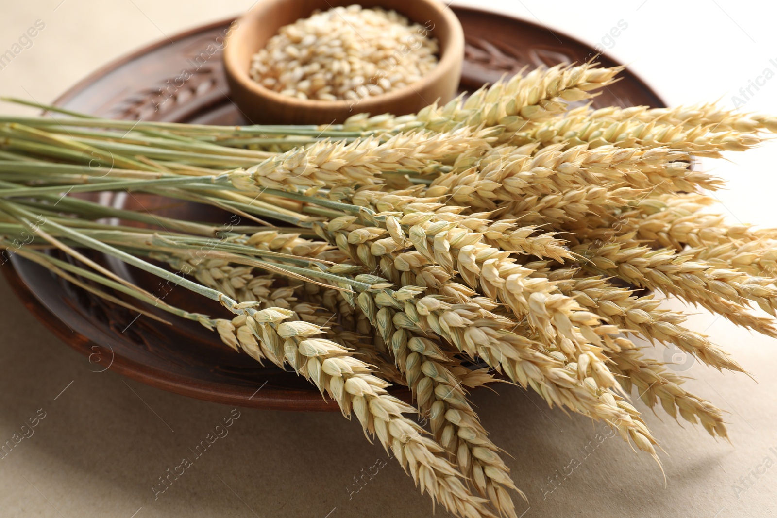 Photo of Many wheat spikes on paper background, closeup