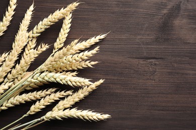 Photo of Many wheat spikes on wooden table, flat lay. Space for text