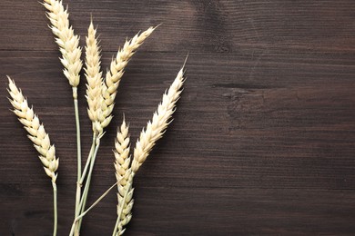 Photo of Many wheat spikes on wooden table, flat lay. Space for text
