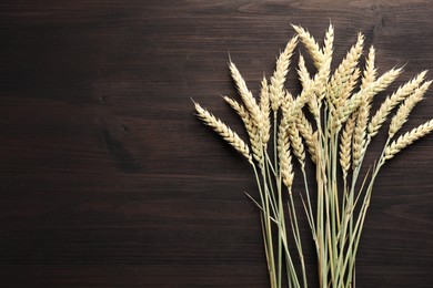 Photo of Many wheat spikes on wooden table, flat lay. Space for text