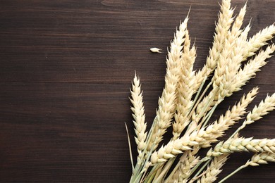 Photo of Many wheat spikes on wooden table, flat lay. Space for text