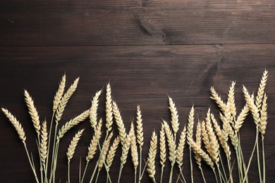 Photo of Many wheat spikes on wooden table, flat lay. Space for text