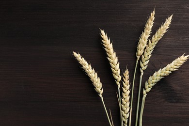 Photo of Many wheat spikes on dark wooden table, flat lay. Space for text