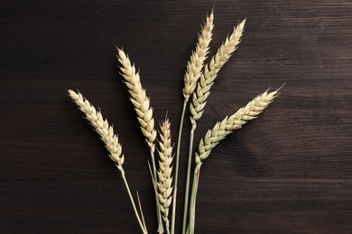 Photo of Many wheat spikes on dark wooden table, flat lay