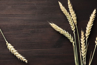 Photo of Many wheat spikes on dark wooden table, flat lay