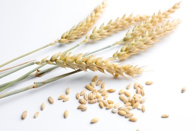 Photo of Wheat spikes and seeds on white background, closeup