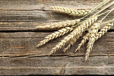Photo of Many wheat spikes on wooden table, flat lay. Space for text