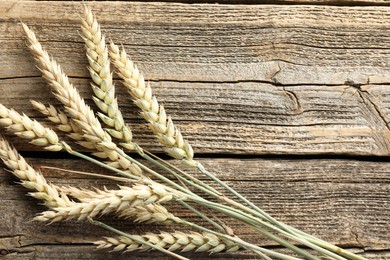 Photo of Many wheat spikes on wooden table, flat lay. Space for text