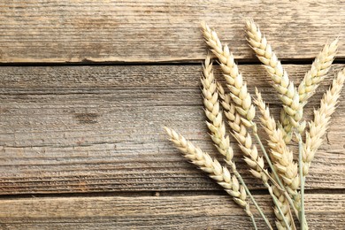 Photo of Many wheat spikes on wooden table, flat lay. Space for text