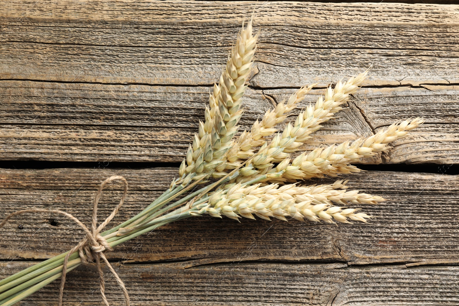 Photo of Bunch of wheat spikes on wooden table, top view