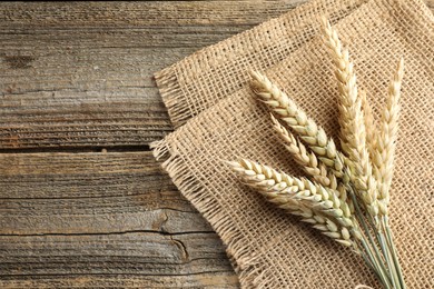 Photo of Bunch of wheat spikes on wooden table, top view. Space for text