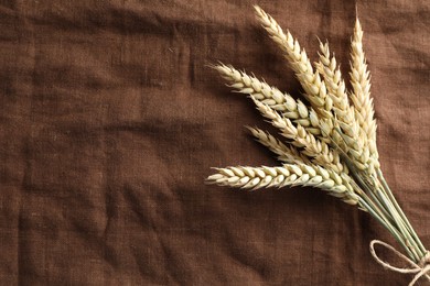 Photo of Bunch of wheat spikes on brown cloth, top view. Space for text