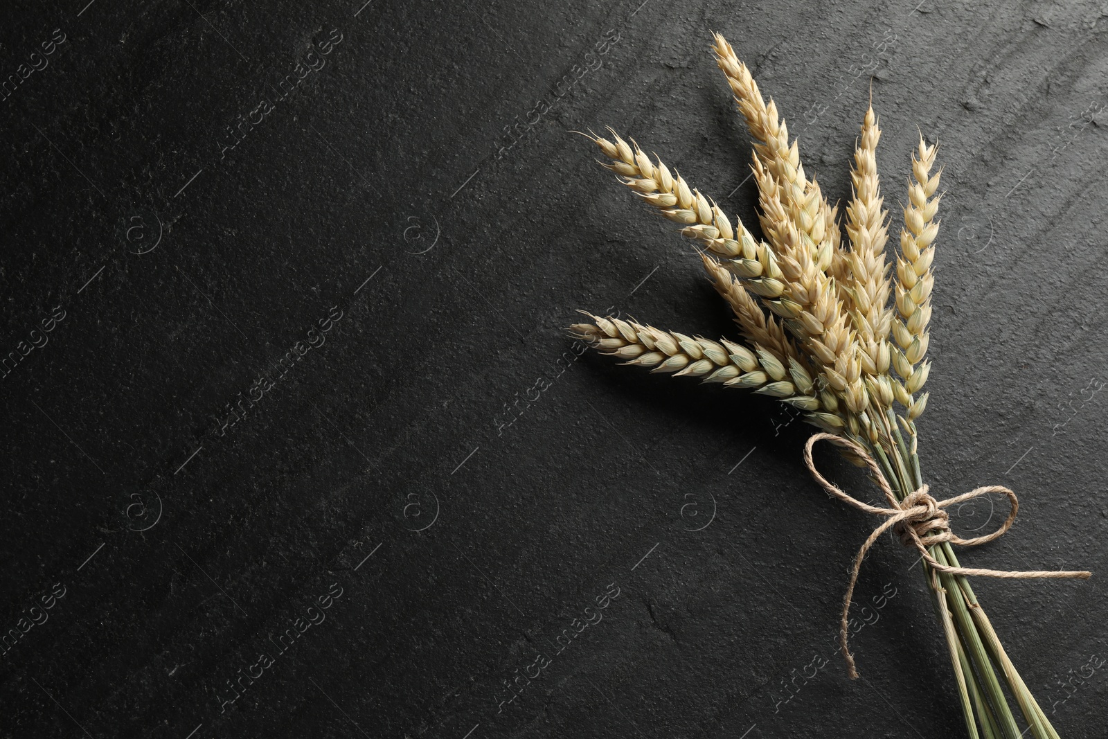Photo of Bunch of wheat spikes on black table, top view. Space for text