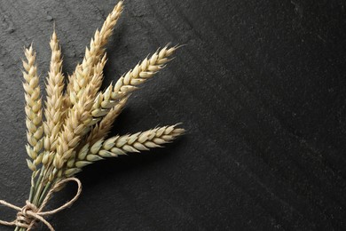 Photo of Bunch of wheat spikes on black table, top view. Space for text