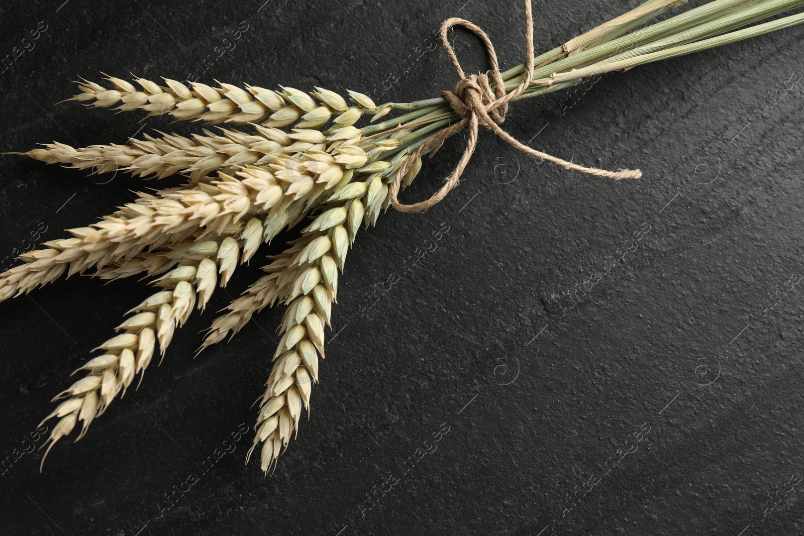Photo of Bunch of wheat spikes on black table, top view. Space for text