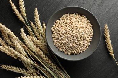 Photo of Many wheat spikes and grains on black table, flat lay