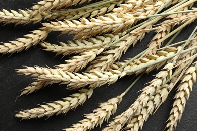 Photo of Many wheat spikes on black table, above view