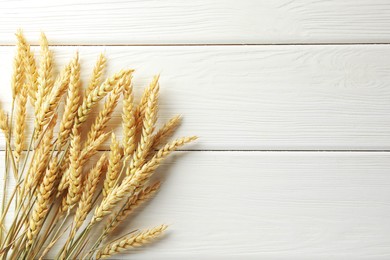 Photo of Many wheat spikes on white wooden table, flat lay. Space for text