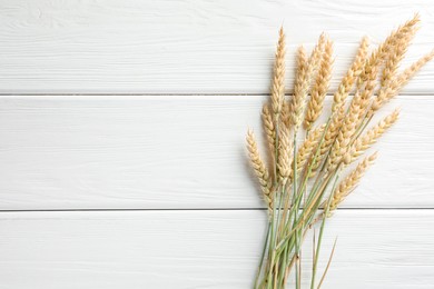 Photo of Many wheat spikes on white wooden table, flat lay. Space for text