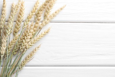 Photo of Many wheat spikes on white wooden table, flat lay. Space for text