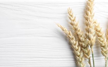 Photo of Many wheat spikes on white wooden table, flat lay. Space for text