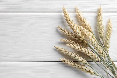 Photo of Many wheat spikes on white wooden table, flat lay. Space for text