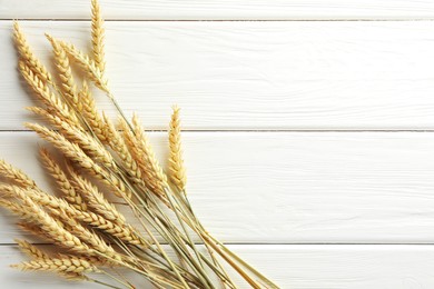 Photo of Many wheat spikes on white wooden table, flat lay. Space for text