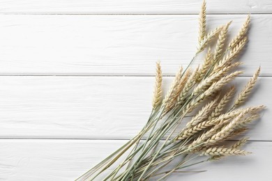 Photo of Many wheat spikes on white wooden table, flat lay. Space for text