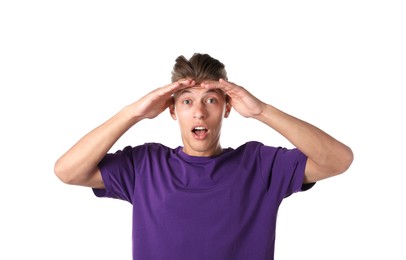 Photo of Portrait of surprised man on white background