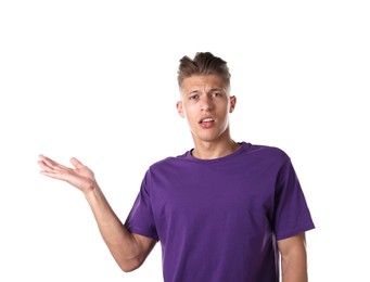 Photo of Portrait of surprised man on white background