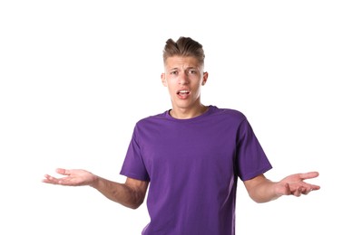 Photo of Portrait of surprised man on white background