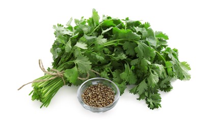 Photo of Fresh cilantro and coriander seeds isolated on white
