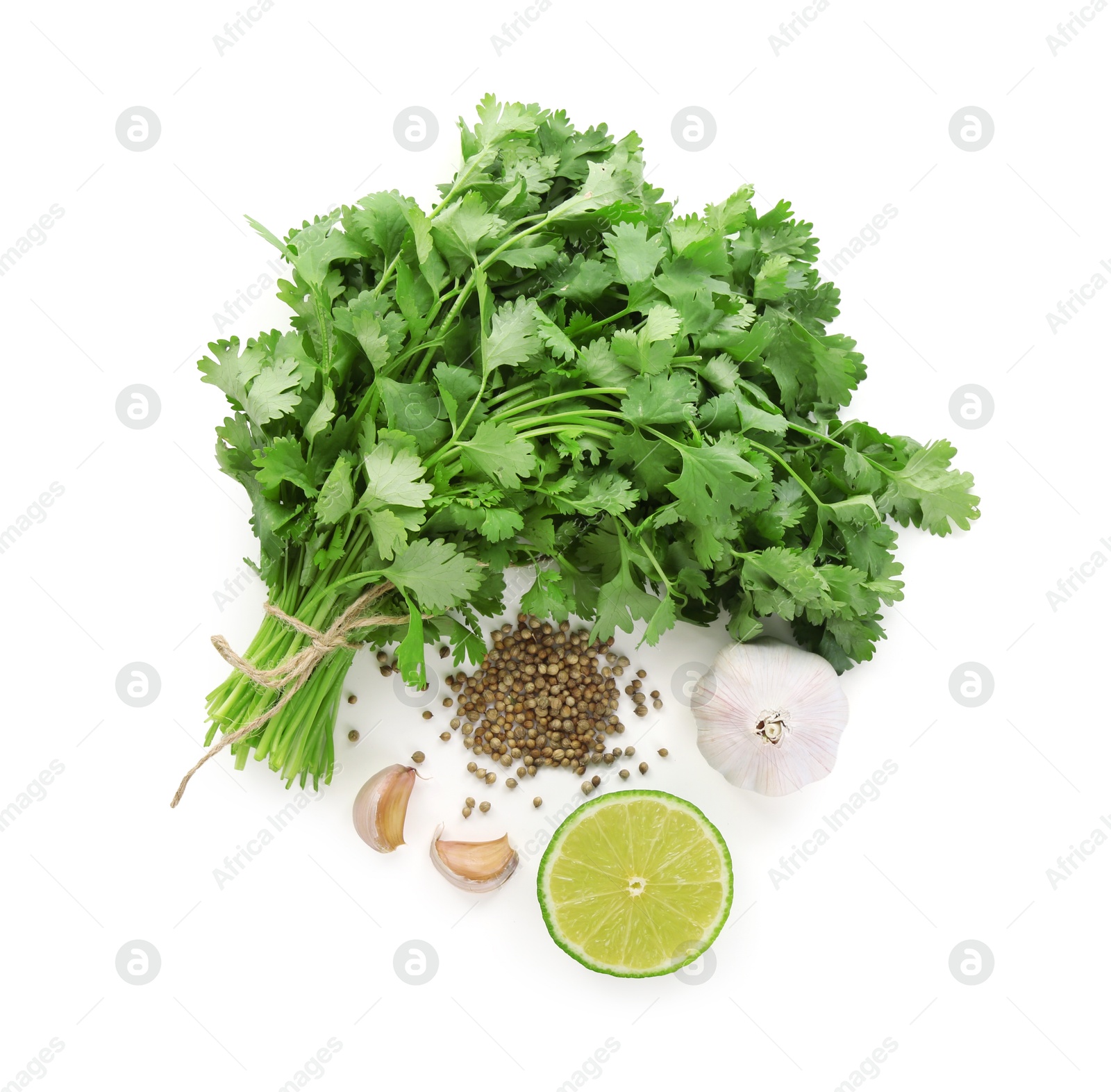 Photo of Fresh cilantro, coriander seeds, lime and garlic isolated on white, top view