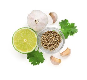 Photo of Fresh cilantro, coriander seeds, lime and garlic isolated on white, top view