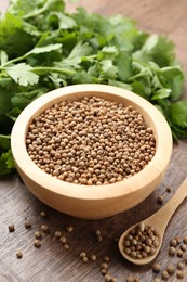 Photo of Fresh cilantro and coriander seeds on wooden table, closeup