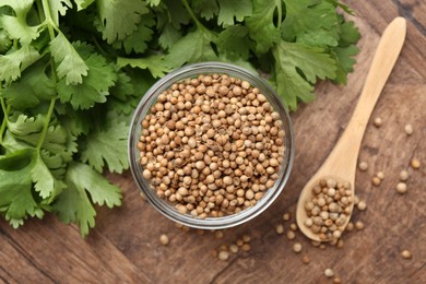 Photo of Fresh cilantro and coriander seeds on wooden table, top view