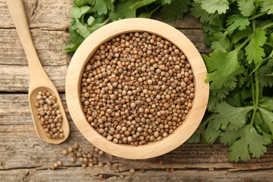Photo of Fresh cilantro and coriander seeds on wooden table, top view